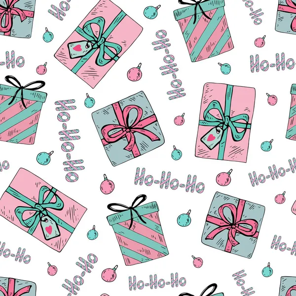 Weihnachten nahtlose Muster mit Geschenken und der Aufschrift ho-ho-ho. Handgemachtes Vektor-Weihnachtsmuster. — Stockvektor
