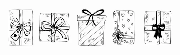 Kerstcadeau collectie vector clipart. Handgetekende schattige doodle geschenkdoos, Kerst illustratie. — Stockvector
