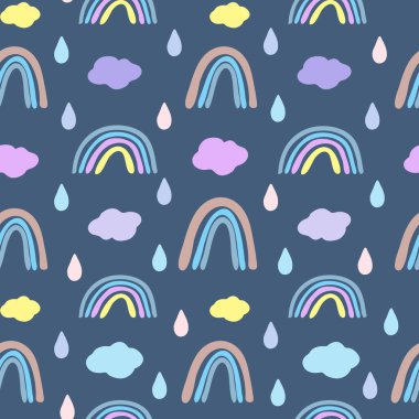 İskandinav tarzında, gökkuşağı ve bulutlarla kusursuz bir desen. Çocuk odası için boho deseni. El çizimi gökkuşağı vektörü..