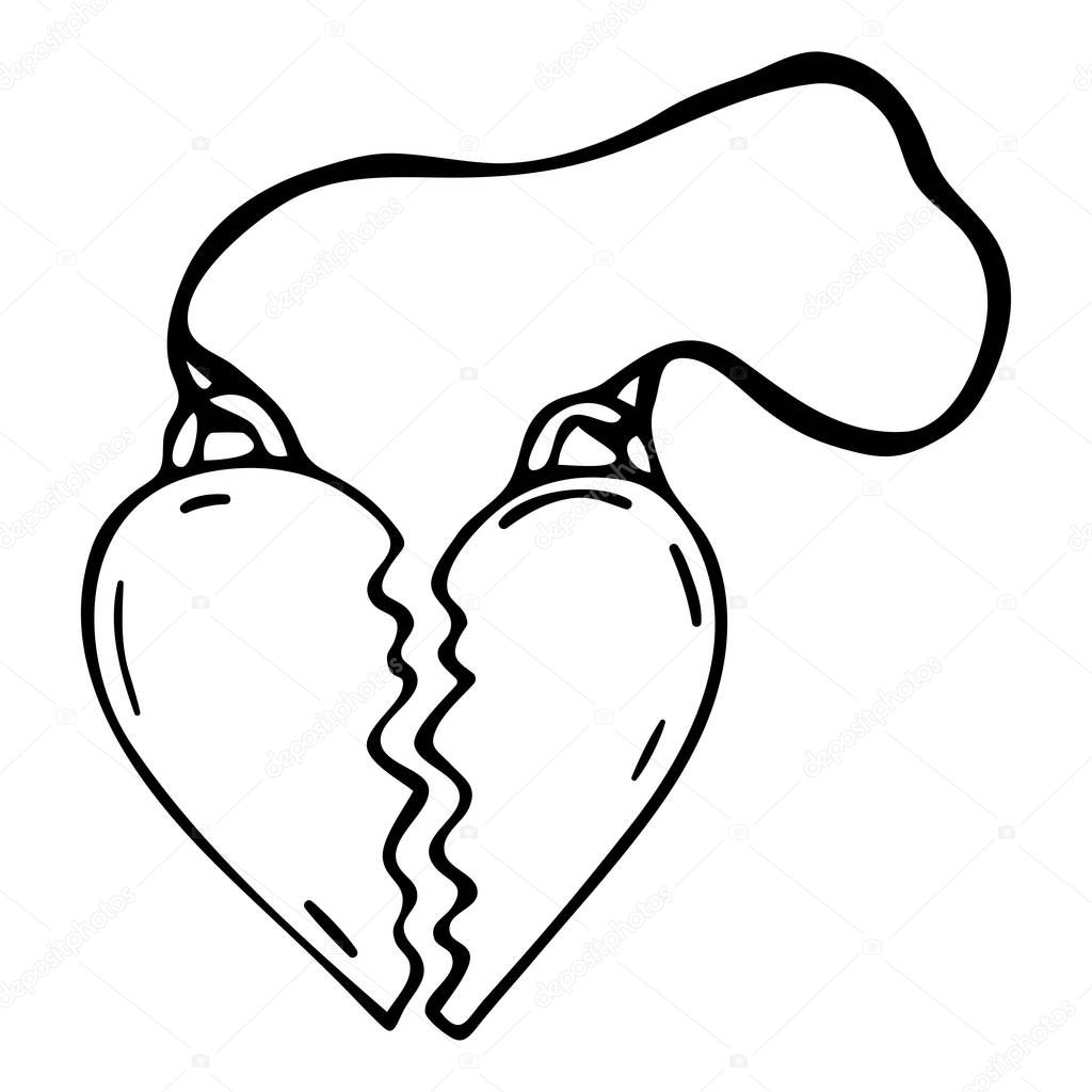 Two halves of the heart . Vector doodle illustration of two halves of a heart keychain. valentines Day icon