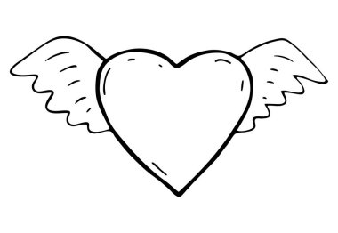 Kanatlı bir kalp. Bir kalbin vektör karalama çizimi. Sevgililer Günü Simgesi.
