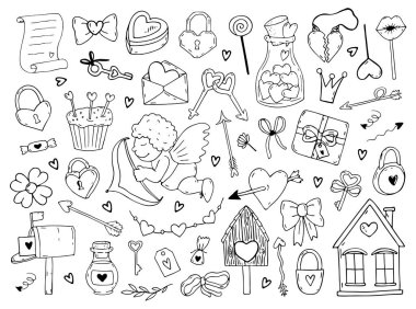 Big love set. Hand drawn vector doodle love theme. Valentines Day Icon.