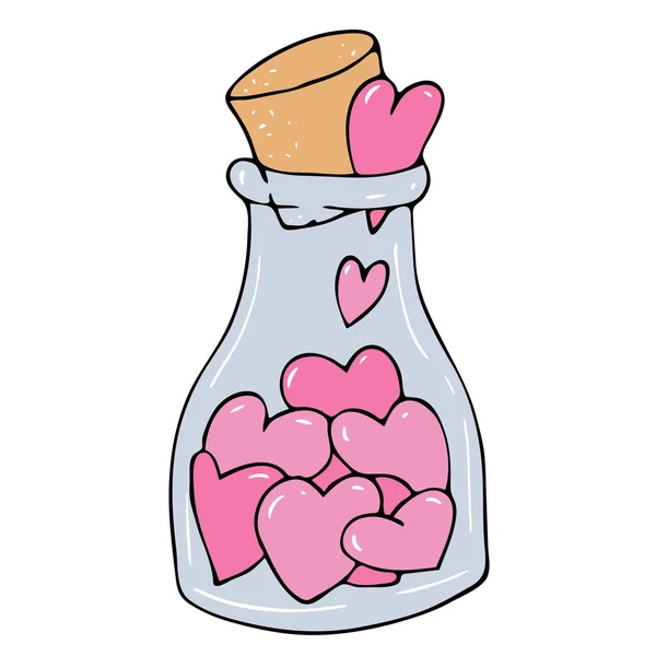 A glass vessel with hearts. Vector doodle illustration of a flask with hearts. Valentines Day Icon. — Stockvektor