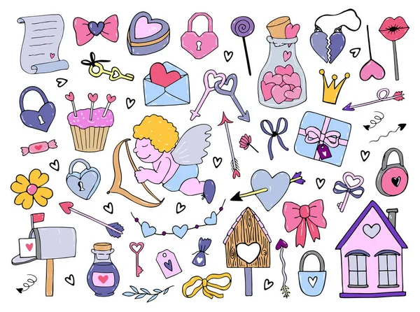 Big love set. Hand drawn vector doodle love theme. Valentines Day Icon. — Stok Vektör