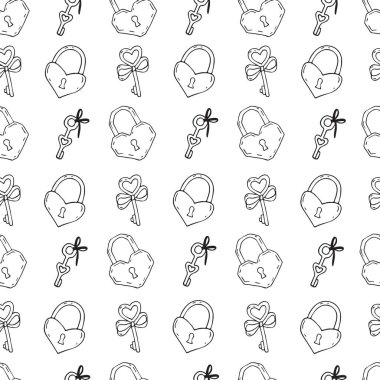 Locks and keys seamless pattern. Hand-drawn heart-shaped castles, vector doodle illustration, love theme. Valentines day.