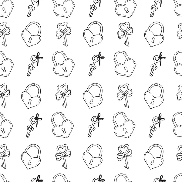 Locks and keys seamless pattern. Hand-drawn heart-shaped castles, vector doodle illustration, love theme. Valentines day. — Stockvector
