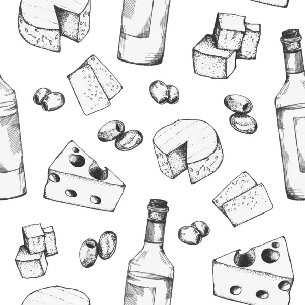 Вино, сыр и оливки. Бесшовный рисунок ручной работы векторный клип бутылка вина, оливки и сыр. — стоковый вектор