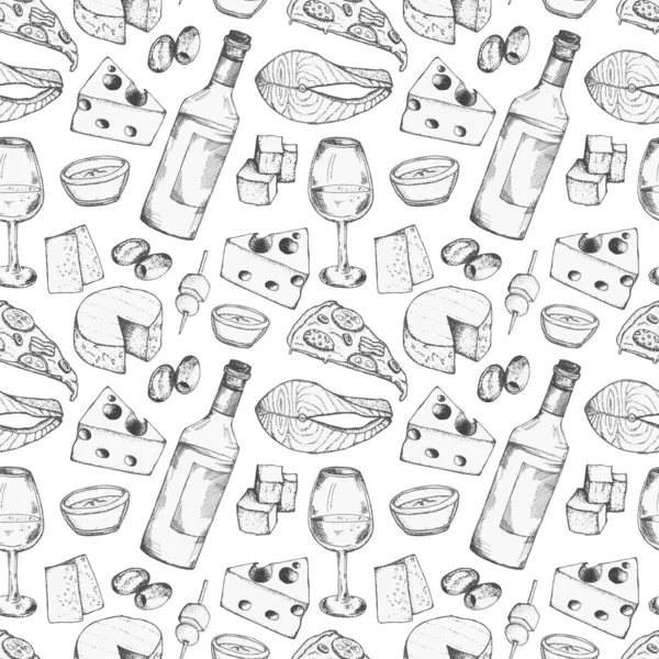 葡萄酒和食品无缝病媒模式 餐厅和咖啡馆菜单设计 — 图库矢量图片
