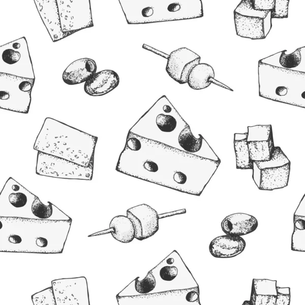 Käse nahtlos Muster. Handgezeichnete Tuschezeichnung, Käsescheiben. Gestaltung der Speisekarte. — Stockvektor