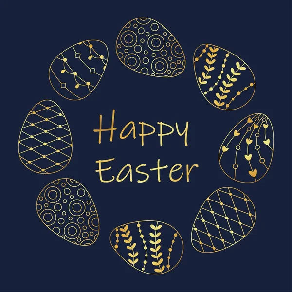 Ghirlanda di Pasqua con uova di Pasqua dorate. biglietto di auguri Buona Pasqua vettoriale. — Vettoriale Stock