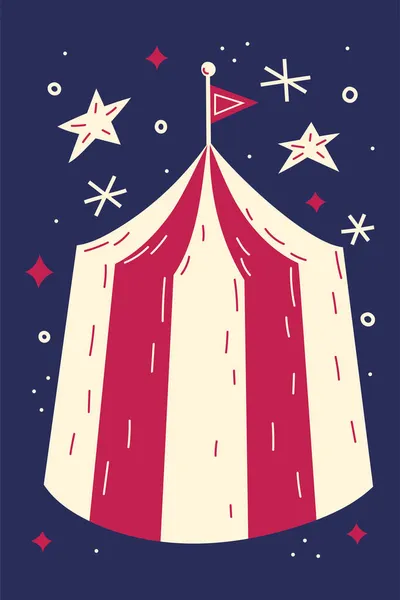 Koyu mavi arka planda yıldızlar olan bir sirk çadırının klasik tasviri. Karnaval tasarım ögesi. Telifsiz Stok Illüstrasyonlar