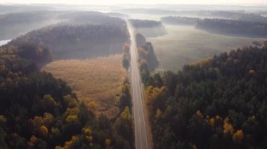 İnanılmaz derecede güzel, sisli bir sonbahar sabahında kırsal alanda asfalt bir yol manzarası. Altın sonbaharın güzel sarı ve yeşil renkleri. Drone görünümü