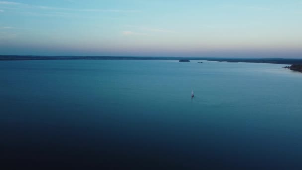 Aerial View Lonely Sailboat White Sail Mooving Lake Blue Hour — Stock Video