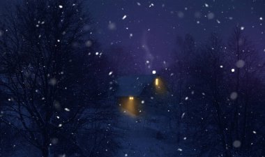 Güzel bir kış gecesi, Noel manzarası. Pencerelerinden gelen sıcak ışıkla yapayalnız, karlı kır evi manzarası. Yıldızlı gece ve Noel önsezisi.