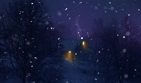 크리스마스 트리의 아름다운 눈덮인 보이고 창문에서 이비치고 이빛나는 크리스마스의 — 스톡 사진