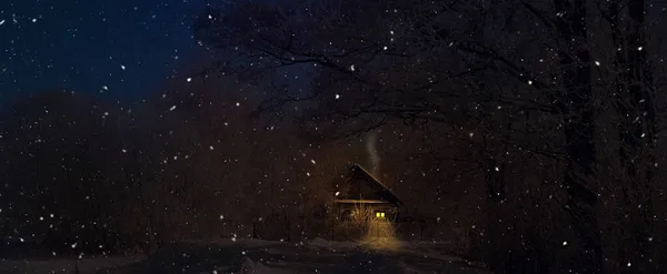 Güzel bir kış gecesi, Noel manzarası. Pencerelerinden gelen sıcak ışıkla yapayalnız, karlı kır evi manzarası. Yıldızlı bir gece ve Noel sezgisi. Panoramik pankart