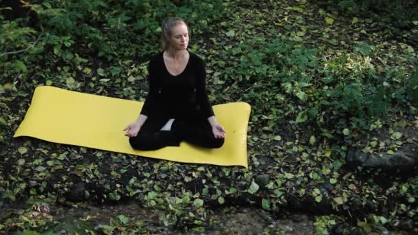 Güzel orta yaşlı kadın, nehrin yanındaki sonbahar ormanında yoga yapıyor. Yerdeki sarı yoga minderindeki kadın koltukları kuru yapraklarla kaplı ve egzersiz yapıyorlar.. — Stok video