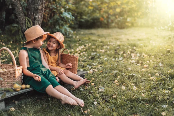Hasır şapkalı neşeli çocuklar sepet ve armutlarla ahşap palette oturuyorlar..