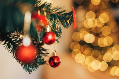 Aynanın önünde kırmızı takılar ve çelenklerle suni Noel ağacı dalı