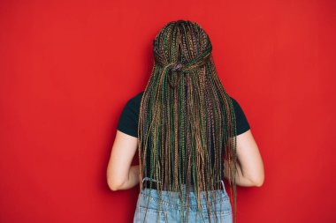 Girl with multi-colored pigtails facing a red background.