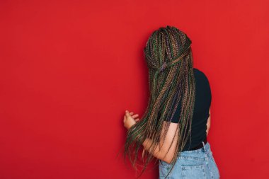 Girl with multi-colored pigtails against a red background.