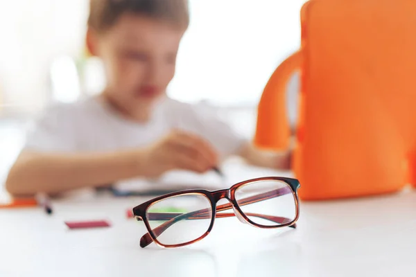 Glasses Front Child Watching Video Lesson Tablet —  Fotos de Stock