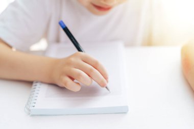 Child writes with a pen in a notebook with rings.