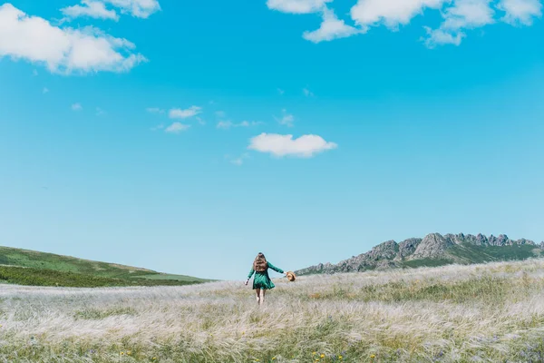 Girl Green Dress Hat Her Hands Walks Feather Grass Field — Stockfoto