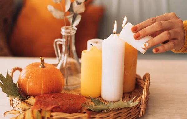 Autunno Interno Umore Festivo Con Candele Accese Zucca — Foto Stock