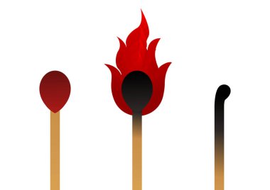 Ahşap kibritlerin 3 tip tasarımı, yani tam kibrit, yanmış ve yanmış