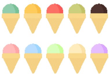 a collection of ice cream with a pixel theme, with various flavors and colors