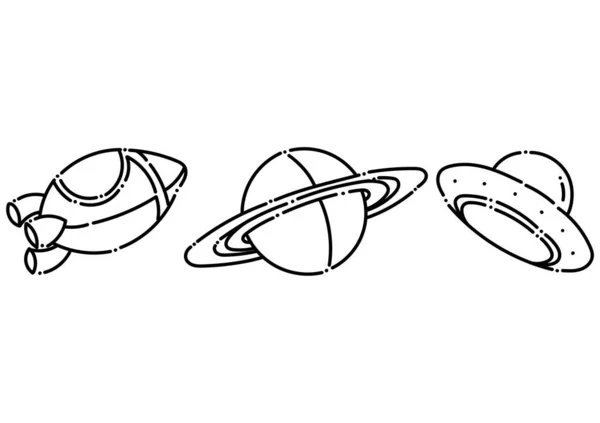 คอลเลกช นของภาพประกอบของจรวด ดาวเคราะห ของดาวเสาร และ Ufo ในร ปแบบของเส นประ — ภาพเวกเตอร์สต็อก