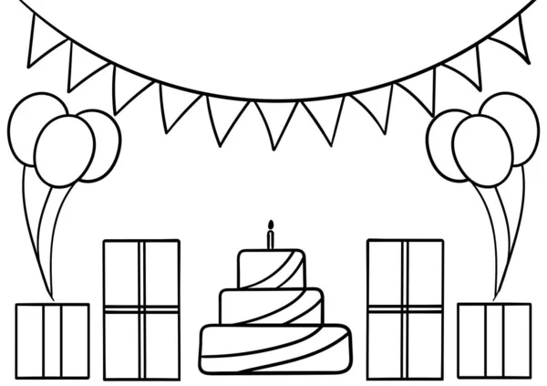 Handgetekende Verjaardagstaart Geschenkdoos Ballonnen — Stockvector