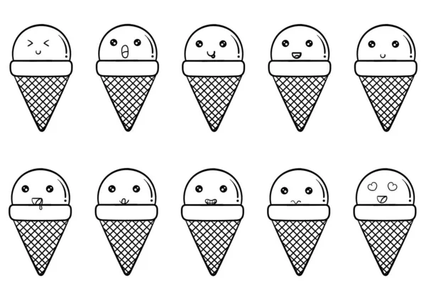 Hand Drawn Collection Kawai Ice Cream — Vetor de Stock