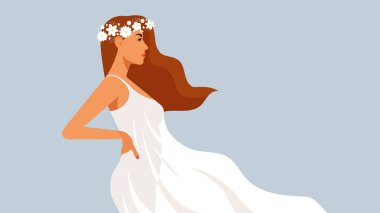 Beyaz elbiseli güzel bir kadın ve çiçek çelengi. Gerçekçi bir kadın portresi, Kafkas kökenli. Uzun çırpınan bir elbise, muhteşem kızıl saçlar, rüzgar. Yan görüş. Mükemmel vektör. 