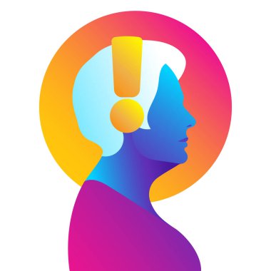 Kulaklıkla müzik dinleyen zeki yaşlı bir kadın. Podcast konsepti, sesli sohbet, radyo, meditasyon. Renkli kadın silueti, yan tarafta. Simge, logo, tasarım, avatar. Çağdaş vektör illüstrasyonu.