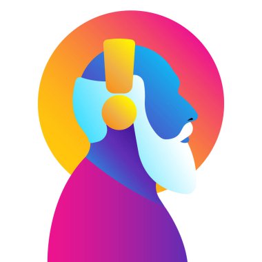 Kulaklıkla müzik dinleyen zeki bir ihtiyar. Podcast konsepti, sesli sohbet, radyo, meditasyon. Renkli erkek silueti, yan görüş. Simge, logo, tasarım, avatar. Çağdaş vektör illüstrasyonu.