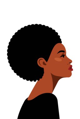 Koyu tenli güzel siyah kadın. Kısa kıvırcık saçlı, Afrikalı, etnik bir model. Kadın portresi, yan görüş, izole edilmiş. Modern biçimdeki vektör avatarı.