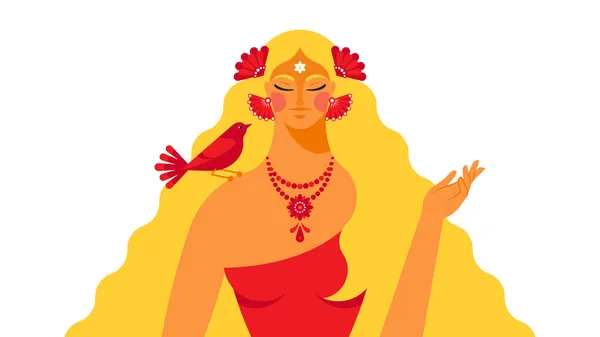 Magic Goddess Singing Bird Beautiful Fairy Woman Red Dress Long — Stock Vector