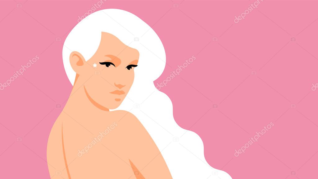 Pretty woman with white fluttering hair. Portrait of girl with long hair. Minimalistic portrait, beautiful face, white skin. Concept of fairy character, elf. Trendy modern illustration.