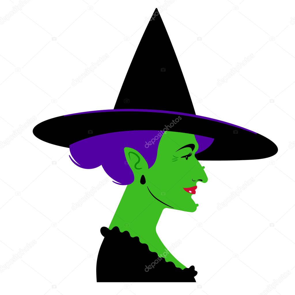 Wicked green witch in hat. Mature enchantress woman with green skin, black  costume,  coiffure hair bun. Witchcraft and halloween concept. Side view realistic female portrait in modern flat style.