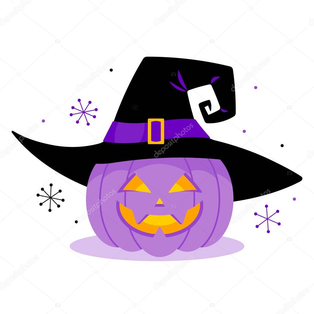Pumpkin Jack in witch hat. Halloween concept. Purple pumpkin with carving face in carnival costume. Festive vector illustration on white background.