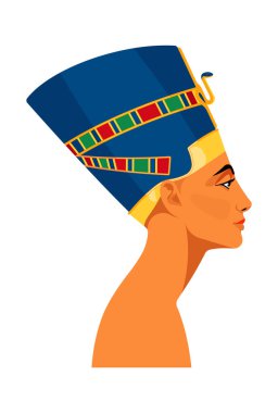 Mısır Kraliçesi Nefertiti. İkonum. Taç içinde antik bir portre. Güzel kadın profili yakın plan yüzü. Eski Mısır. Beyaz arkaplanda modern vektör illüstrasyonu.