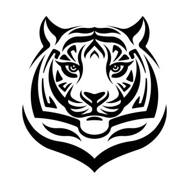 Kaplan surat. Siyah beyaz kaplan kafası. Baskı, amblem, rozet ve poster için soyut çizimler. Yırtıcı hayvan kavramı, safari, Çin burcu. 2022 yılının sembolü. İzole edilmiş