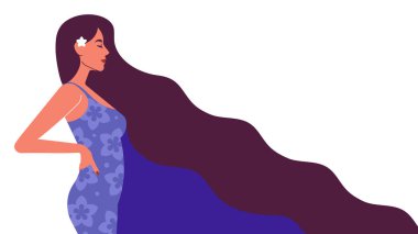 Uzun elbiseli güzel bir kadın. Gerçekçi bir kadın portresi, Kafkas kökenli. Uzun çırpınan elbise, muhteşem saçlar, çiçek, rüzgar. Yan görünüm