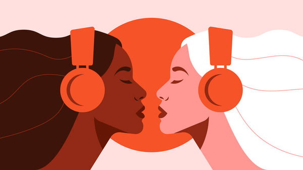 Two women in headphones. Concept of podcast, audiobook, radio, meditation. Abstract female faces, silhouette, side view. Contemporary vector illustration for poster, banner, cover. — Stock Illustration Two Women Headphones Concept Podcast Audiobook Radio Meditation Abstract Female — Stock Vector