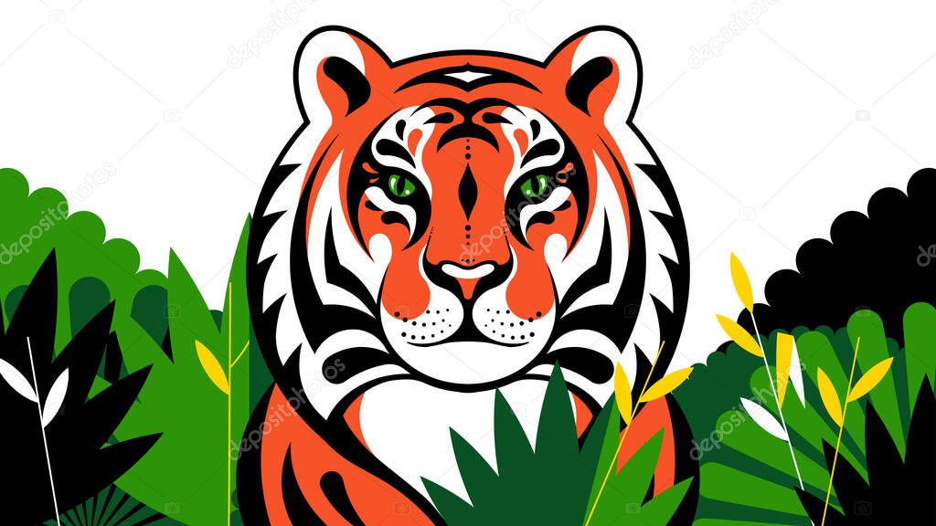Tiger in jungle bush. Tigers abstract portrait with decorative plants and shapes. Wild animal for poster, background, emblem. Concept of safari, jungle, zoo. Symbol of the Chinese horoscope.