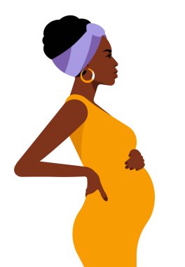 Karnına hamile bir kadın. Gerçekçi bir kadın portresi. Güzel bir yüz, saç stili, Afro-Amerikan kökenli. Canlı kıyafetler giymiş güzel, göbeğine dokunuyor. Yan görüş. Mükemmel vektör.