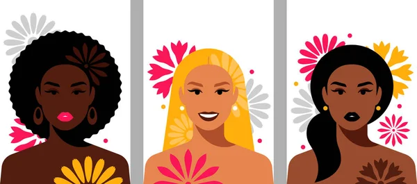 Filles Fleurs Illustrations Belle Femme Diversité Latino Américaine Afro Américaine — Image vectorielle