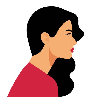 Uzun saçlı, güzel bir kadın. Güzel, genç bir kadın, yan manzara. Kafa ve omuzlar. Modern vektör tarzında yakın plan kadın portresi. Pankart, kapak, poster.